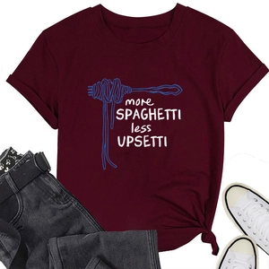 Detail of burgundy T-shirt featuring More Spaghetti Less Upsetti graphic and round neck