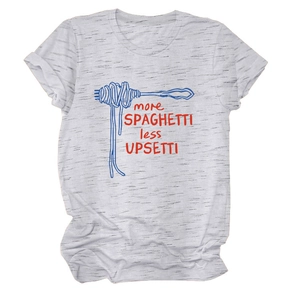 Detail of more spaghetti less upsetti graphic print on gray cotton blend t-shirt
