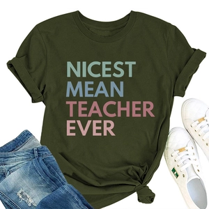 Olive green teacher T-shirt with graphic print, styled with jeans and white sneakers