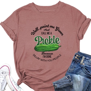Close-up of pink crew neck T-shirt with vintage pickle graphic and humor text