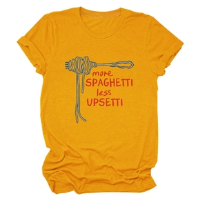 Detail of yellow cotton T-shirt featuring More Spaghetti Less Upsetti graphic print