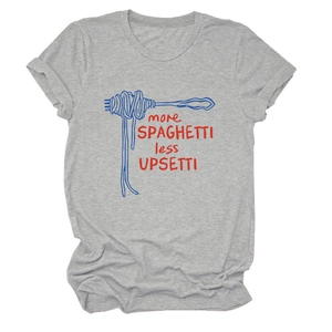Detail of grey crewneck t-shirt featuring more spaghetti less upsetti printed graphic