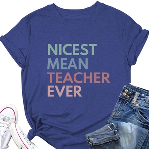Deep blue Nicest Mean Teacher Ever t-shirt with denim shorts and canvas sneakers