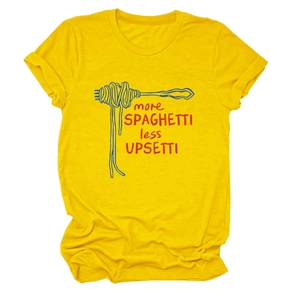 Detail of yellow cotton T-shirt featuring More Spaghetti Less Upsetti graphic print