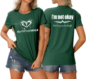 T-shirt en coton vert foncé avec imprimé Beautifully Broken et texte au dos