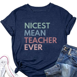 Detailed fabric texture and Nicest Mean Teacher print on dark blue short sleeve tee