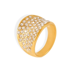 Anillo ancho chic en acero bañado en oro de 18k con brillantes cristales micro pave