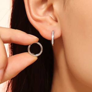 PVD silver plated titanium earrings with cubic zirconia micro-inlay on a model