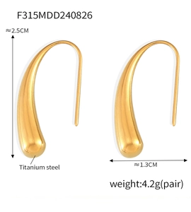 Pendientes de gota en acero de titanio pulido bañados en oro 18k, medida 2,5 cm x 1,3 cm