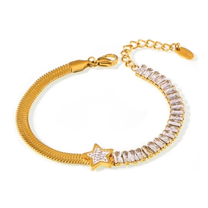 Golden PVD stainless steel bracelet with square zircon and star pendant on snake chain