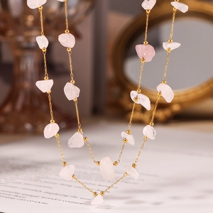 Bohemian Jewelry For Women Stainless Steel Gold Plated Handmade Chain Pink Natural Stone Necklace And Bracelet Luxury Style