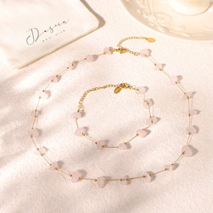 Bohemian jewelry set with natural pink stones and gold stainless steel chain necklace