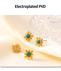 Detail of 18k gold plated sunflower stud earrings featuring teal opal stone centers