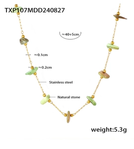 Detail of beaded necklace showing 40+5cm length and natural green stone size dimensions
