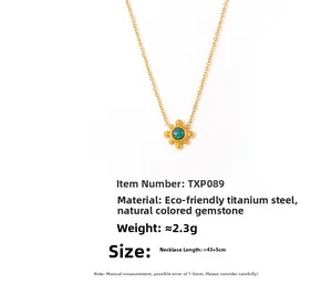 Detailed specs of titanium steel sunflower necklace with green gemstone and gold plating