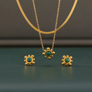 Sunflower Sunburst Necklace And Earrings 18K Gold Plated Titanium Steel Natural Gemstone Vintage Elegant For Women