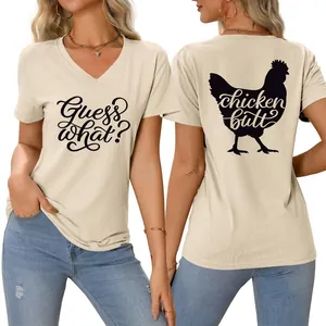 T-shirt Femme Humoristique Chicken Butt Guess What Imprimé Col en V Manches Courtes Décontracté en Mélange de Coton Coupe Ample Été