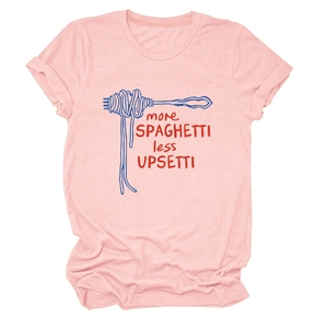 Detail of light pink T-shirt featuring rolled sleeves and witty spaghetti print