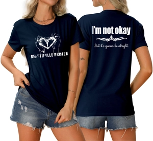 Vues avant et arrière du t-shirt bleu marine avec graphisme de cœur Beautifully Broken