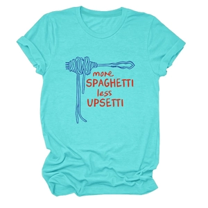 Detailed view of turquoise cotton T-shirt featuring More Spaghetti Less Upsetti graphic
