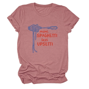 Detail of dusty pink T-shirt featuring 'more spaghetti less upsetti' graphic and text