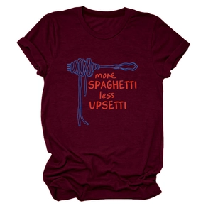 Close-up of more spaghetti less upsetti graphic print on burgundy cotton t-shirt