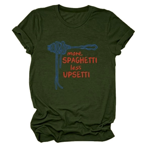 Detail of more spaghetti less upsetti graphic print on dark green cotton T-shirt