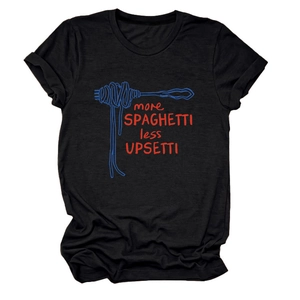 Detail of creative fork and spaghetti graphic print on a black cotton crewneck t-shirt