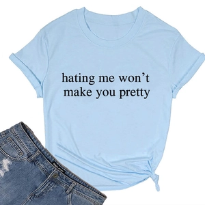 Detail view of slogan print on a blue round neck short sleeve casual t-shirt