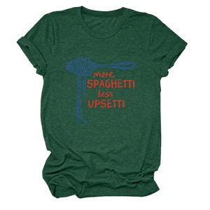 Detail of dark green t-shirt with red spaghetti graphic and cuffed sleeve design