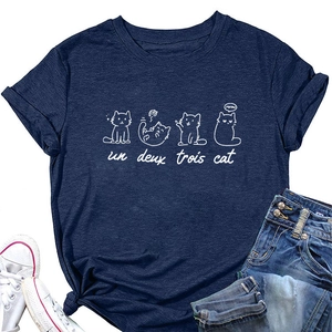 Navy blue cotton T-shirt with un deux trois cat print shown in a stylish flat lay outfit