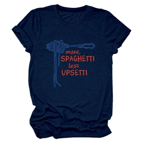 Detail of creative 'more spaghetti less upsetti' print on navy blue cotton T-shirt
