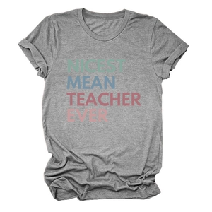 Close-up of gray cotton t-shirt fabric featuring colorful Nicest Mean Teacher Ever print