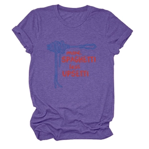 Detail of purple cotton T-shirt featuring more spaghetti less upsetti graphic print