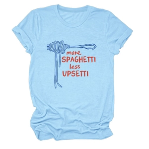 Detail of light blue T-shirt with 'more SPAGHETTI less UPSETTI' print and rolled sleeves