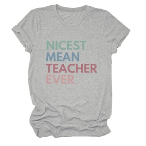 Detail of grey cotton blend t-shirt with Nicest Mean Teacher Ever colorful text print