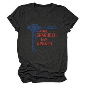Detail of grey t-shirt fabric texture and more spaghetti less upsetti graphic print