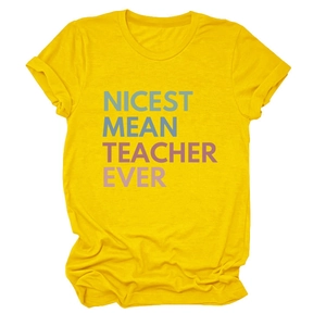 Detail of rolled sleeve and NICEST MEAN TEACHER EVER print on ginger yellow cotton T-shirt