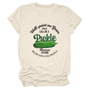 Detail of funny pickle graphic and text print on cream short sleeve cotton t-shirt