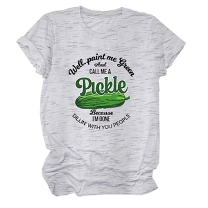 Detail of funny pickle graphic and text print on heather gray crewneck t-shirt