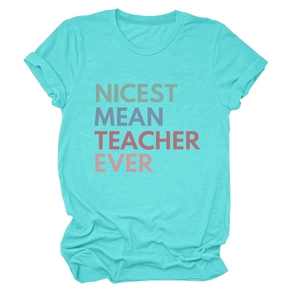 Detail of teal blue crewneck t-shirt with retro Nicest Mean Teacher Ever print