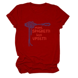 Detail of red cotton T-shirt featuring More Spaghetti Less Upsetti slogan print