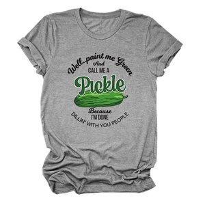 Detailed view of the humorous pickle graphic print on a heather grey cotton T-shirt