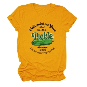 Detailed view of ginger yellow cotton T-shirt featuring cartoon pickle print and humorous text
