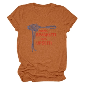 Detail of burnt orange t-shirt with more spaghetti less upsetti graphic print