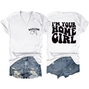 Front and back view of white V-neck realtor T-shirt and distressed blue denim shorts