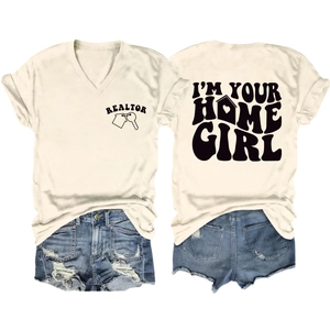 Detailed front and back view of off-white V-neck t-shirt with Realtor and Home Girl prints