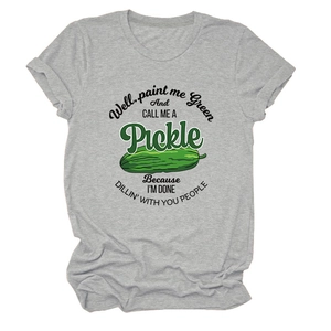 Detail of grey crewneck T-shirt featuring funny pickle graphic and humorous slogan