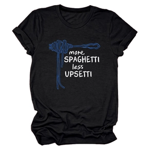 Detail of the funny more spaghetti less upsetti graphic print on a black cotton t-shirt