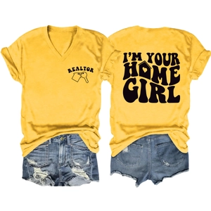Front and back view of yellow V-neck Realtor T-shirt with denim shorts set